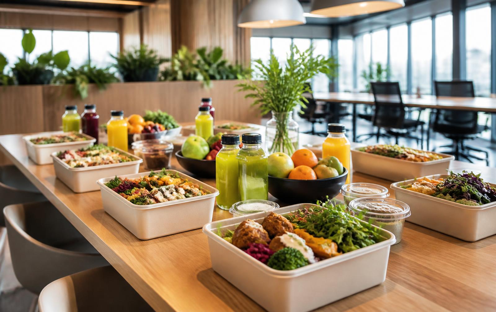 Corporate meal spread set up in a modern office
