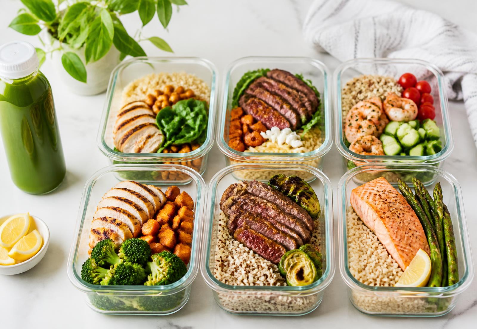 Weekly meal prep containers with a green juice